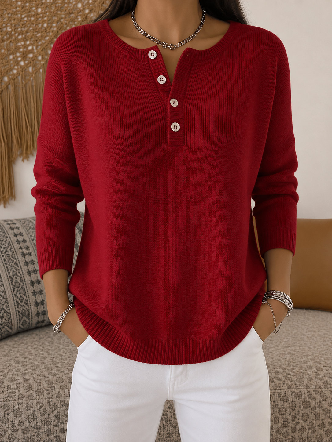 Helena™ | Pull en tricot à boutons style Henley