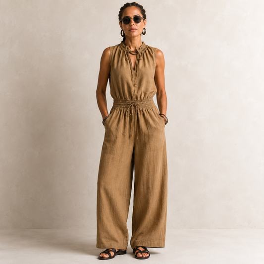 ZENAIDE™ | Combinaison couleur camel à col haut noué et jambe large