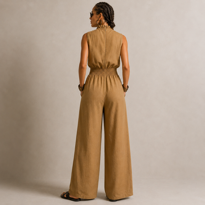 ZENAIDE™ | Combinaison couleur camel à col haut noué et jambe large