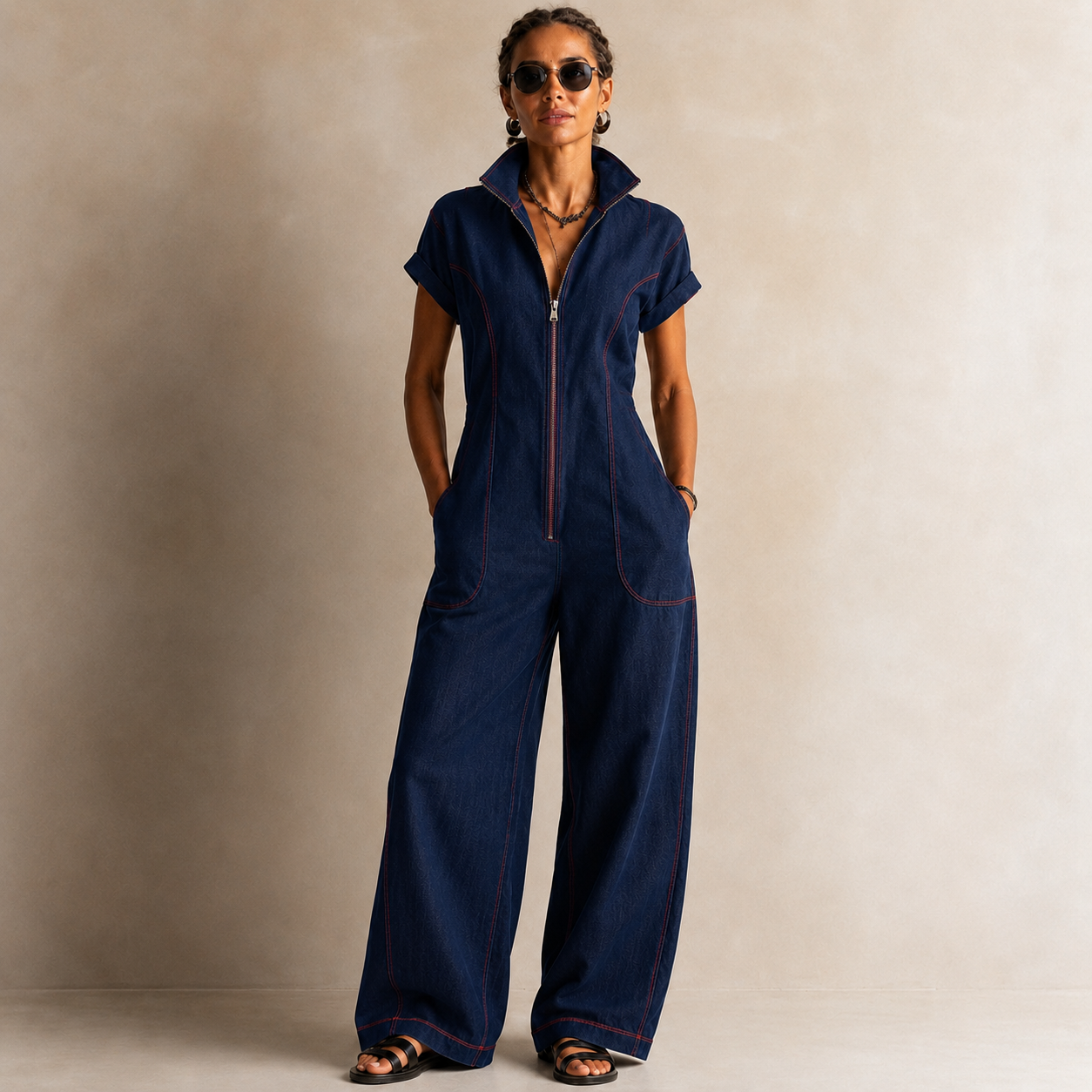 Coralie | Combinaison décontractée de style rétro, ample, en denim rouge avec des surpiqûres, à manches longues et jambes larges