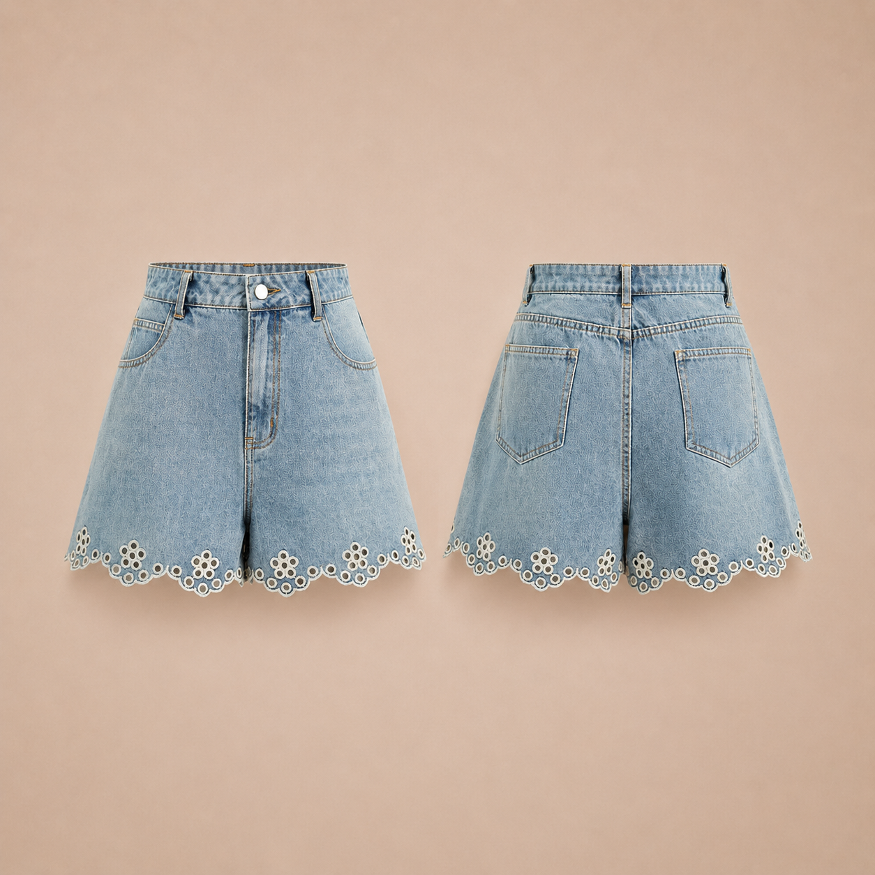DENYA™ | Shorts vaqueros con bordado de ojales