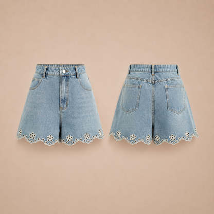 DENYA™ | Shorts vaqueros con bordado de ojales