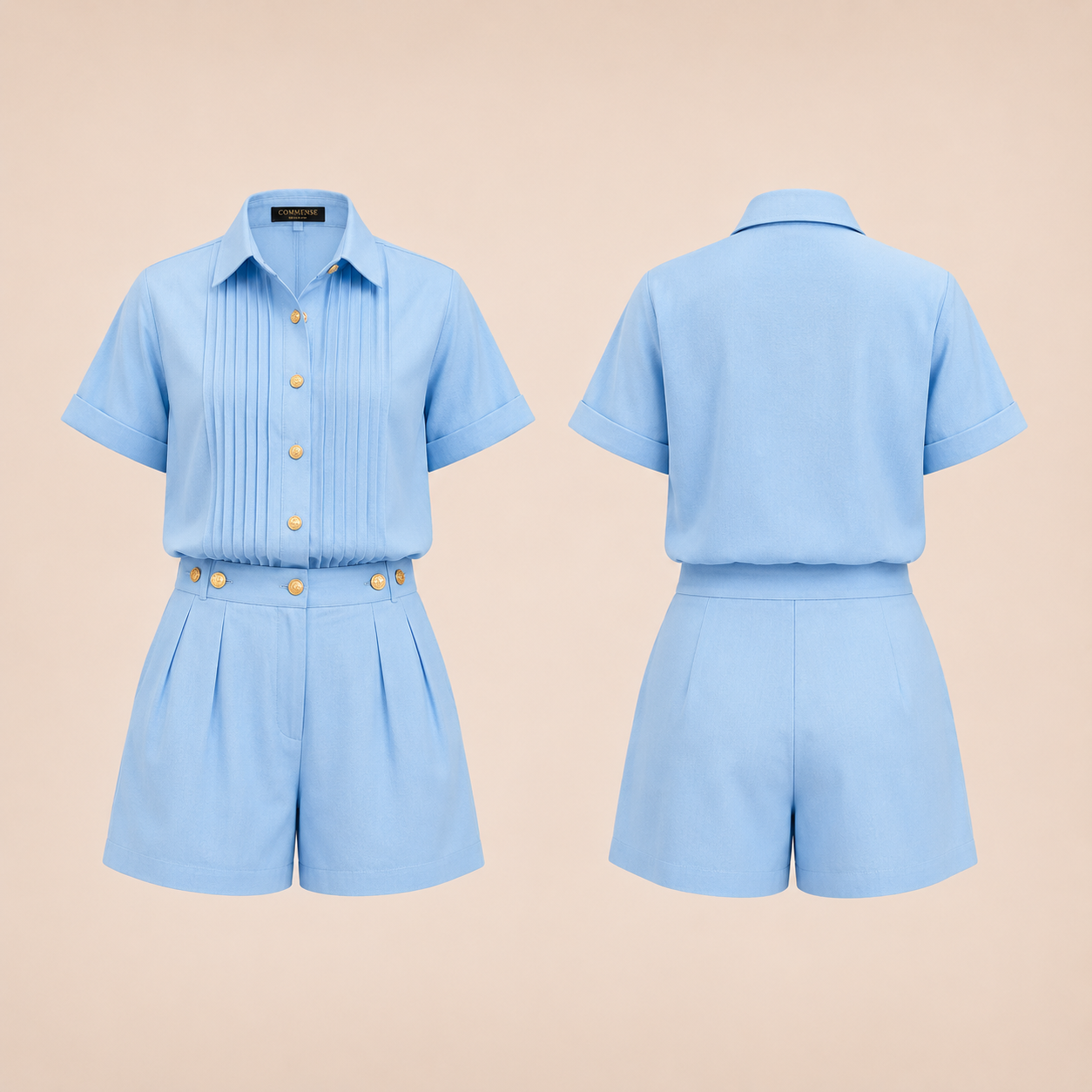 AURELIA™ | Conjunto de dos piezas con pantalones cortos plisados y botones metálicos