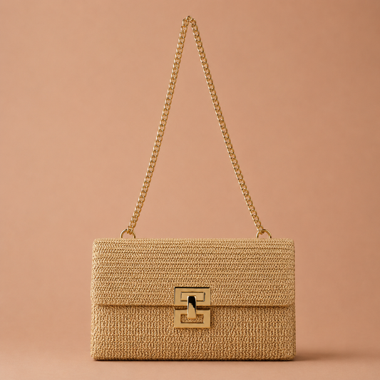 MILOS™ | Bolso Clutch de Rafia con Cadena Dorada