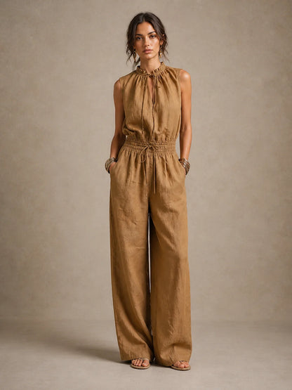 ZENAIDE™ | Mono color camel con cuello alto anudado y pernera ancha