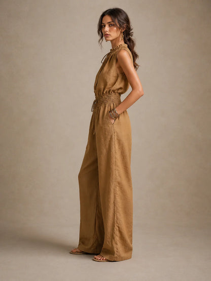 ZENAIDE™ | Mono color camel con cuello alto anudado y pernera ancha