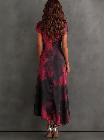 Beatrice | Robe portefeuille midi à imprimé abstrait, bordeaux