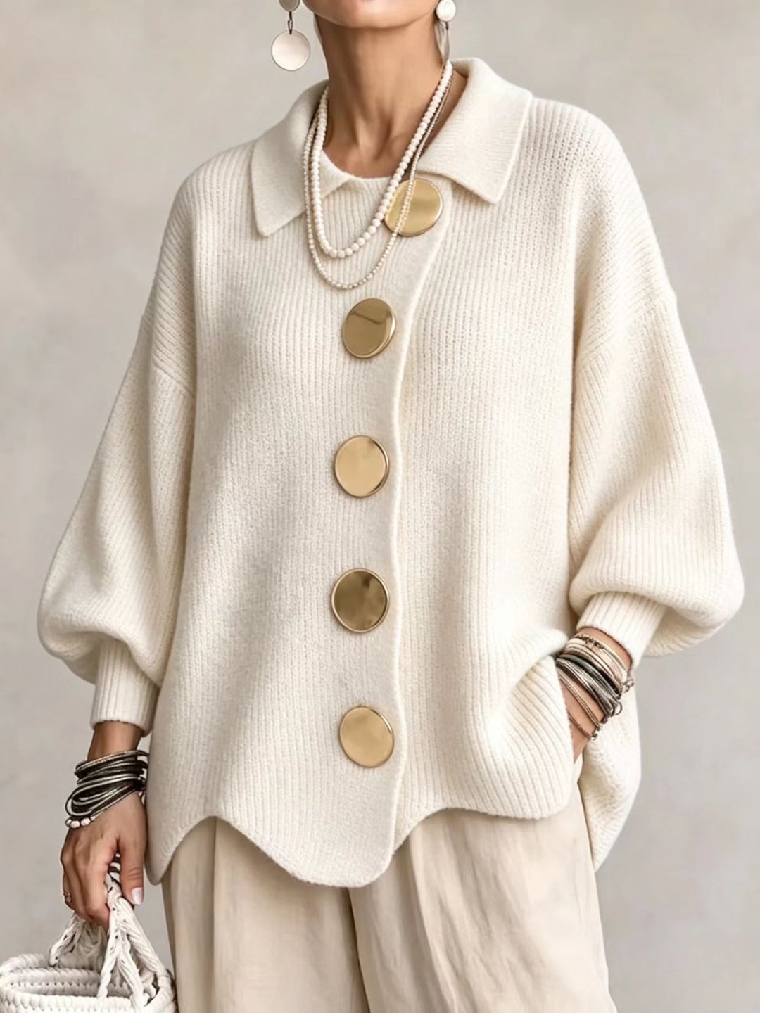 Stefanie | Cardigan oversize à col avec gros boutons métalliques