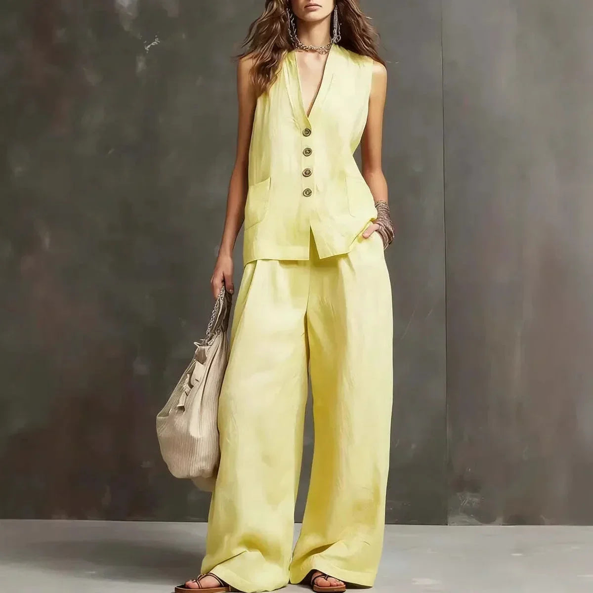 Ensemble deux pièces Irina avec veste sans manches et pantalon à jambes larges