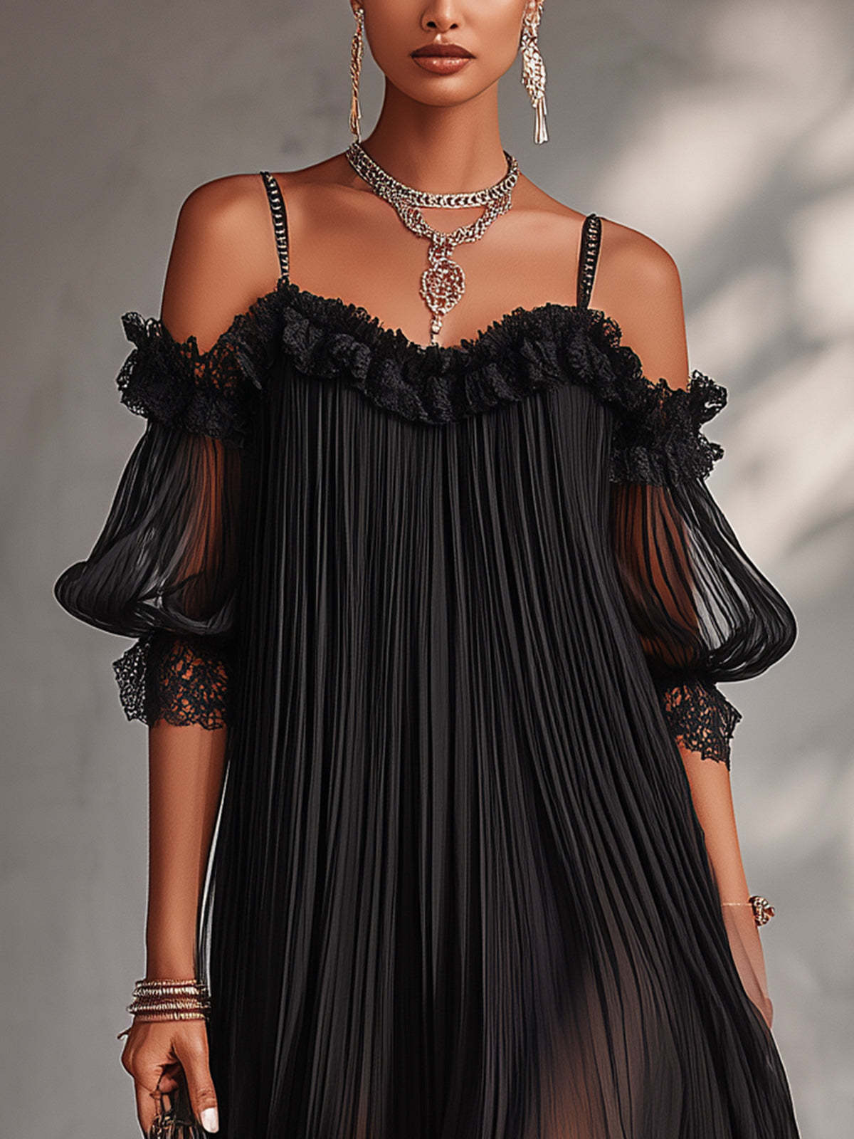 MARIA™ | Mini-robe Noire en Mousseline à Épaules Dénudées et Liseré en Dentelle