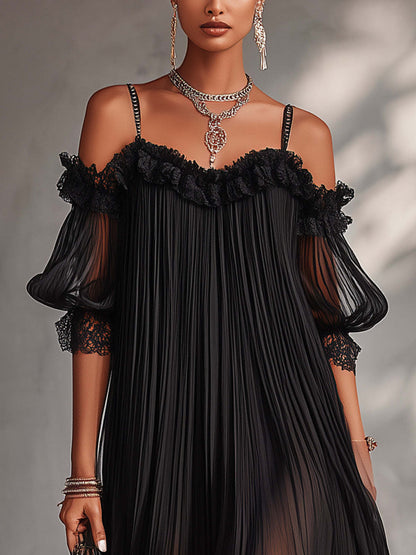 MARIA™ | Mini-robe Noire en Mousseline à Épaules Dénudées et Liseré en Dentelle