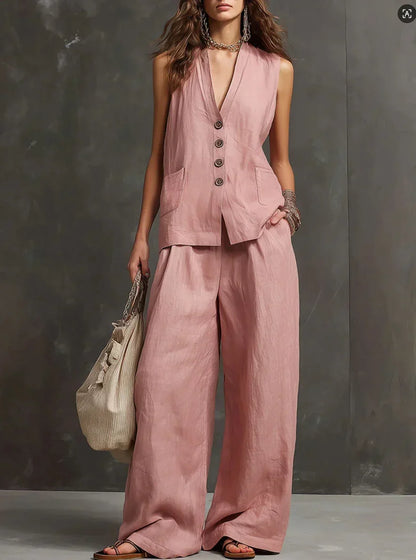 Ensemble deux pièces Irina avec veste sans manches et pantalon à jambes larges
