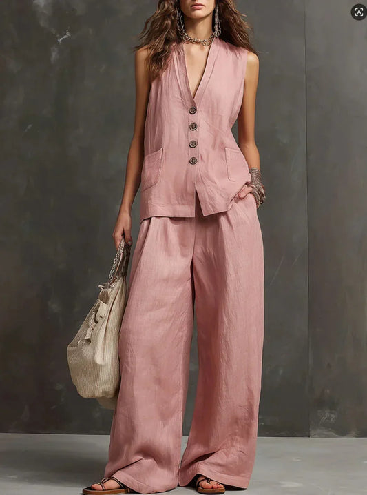 Ensemble deux pièces Irina avec veste sans manches et pantalon à jambes larges