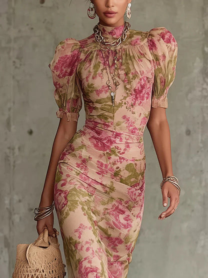 MORGANITA™ | Vestido Midi Estampado con Mangas Abullonadas