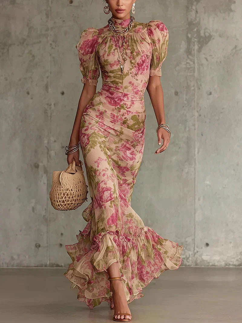 Robe longue Eugenia rose à imprimé floral vintage avec manches bouffantes (accessoires non inclus)