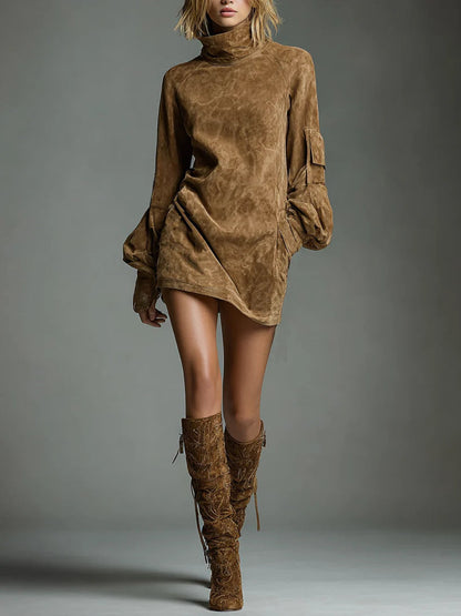 Bibiane | Mini-robe oversize en suède à col montant