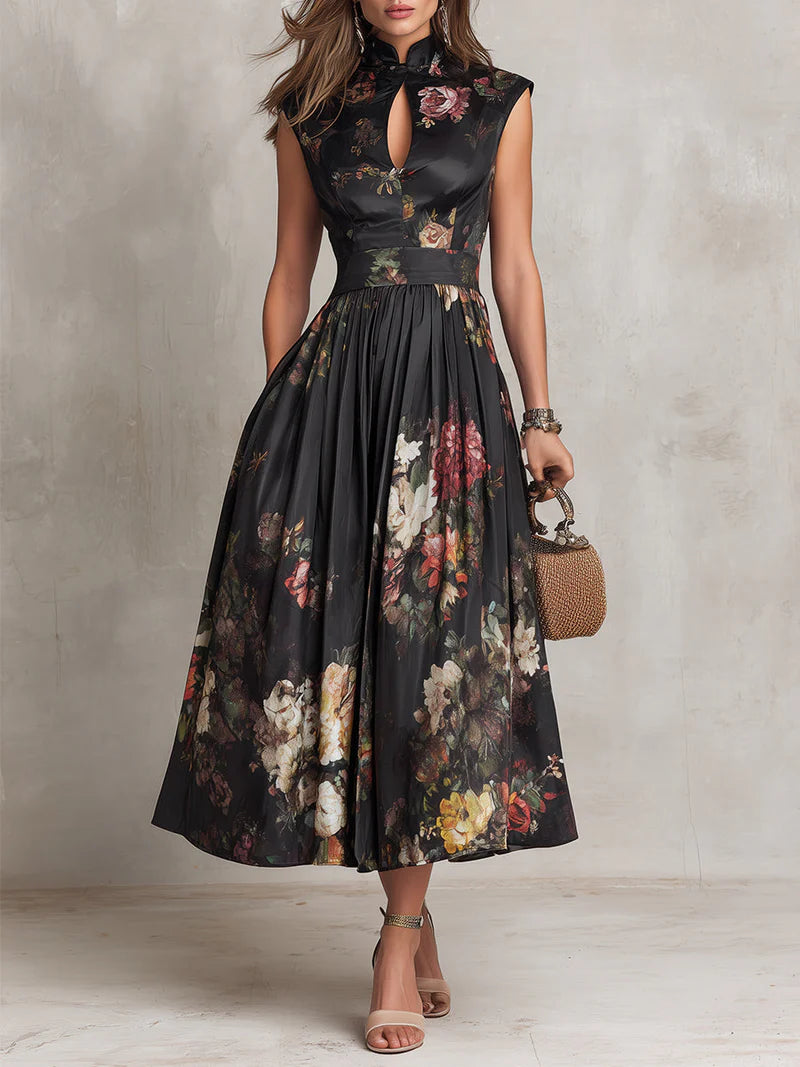RUBÍ™ | Vestido Midi de Satén con Cuello Alto y Falda Plisada