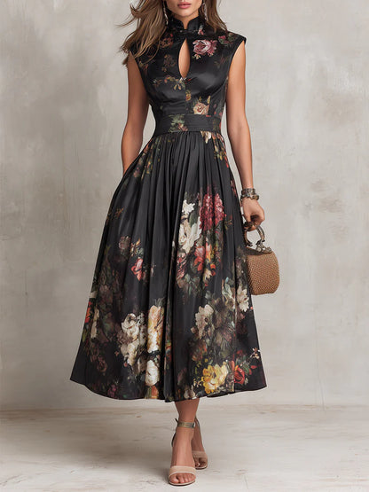 RUBÍ™ | Vestido Midi de Satén con Cuello Alto y Falda Plisada