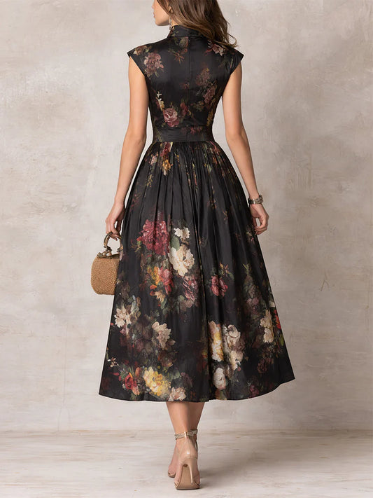 RUBÍ™ | Vestido Midi de Satén con Cuello Alto y Falda Plisada