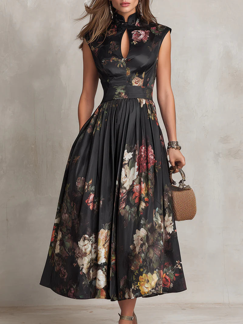 RUBÍ™ | Vestido Midi de Satén con Cuello Alto y Falda Plisada
