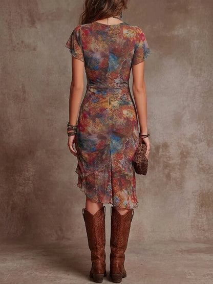 AMBARINA™ | Vestido Midi Plisado con Escote en V y Estampado Abstracto