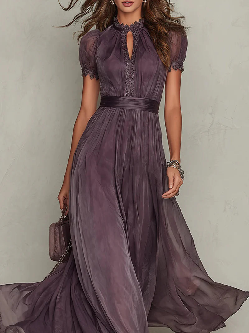 SUGILITA™ | Vestido Largo Efecto Degradado con Cuello de Encaje