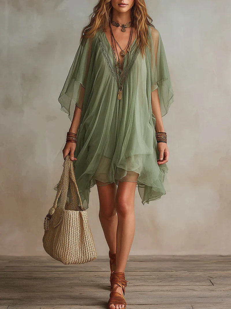 PRASIOLITA™ | Vestido Mini Vaporoso con Mangas Capa