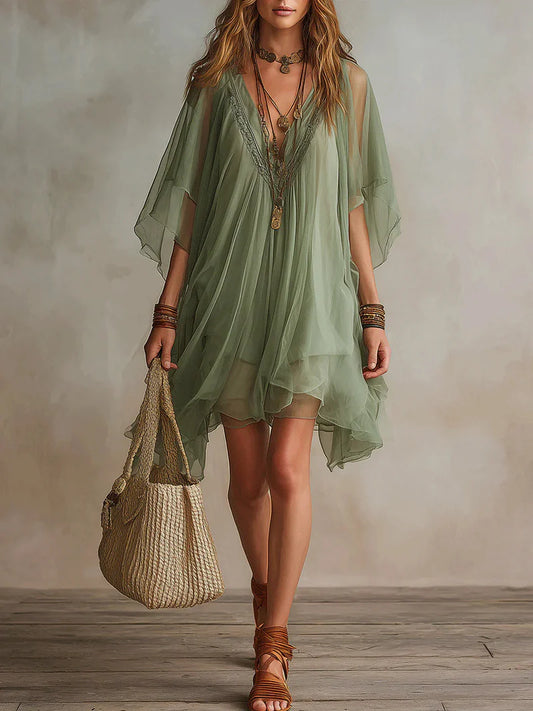 PRASIOLITA™ | Vestido Mini Vaporoso con Mangas Capa
