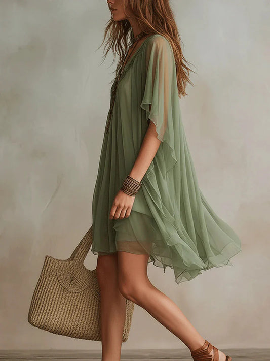 PRASIOLITA™ | Vestido Mini Vaporoso con Mangas Capa