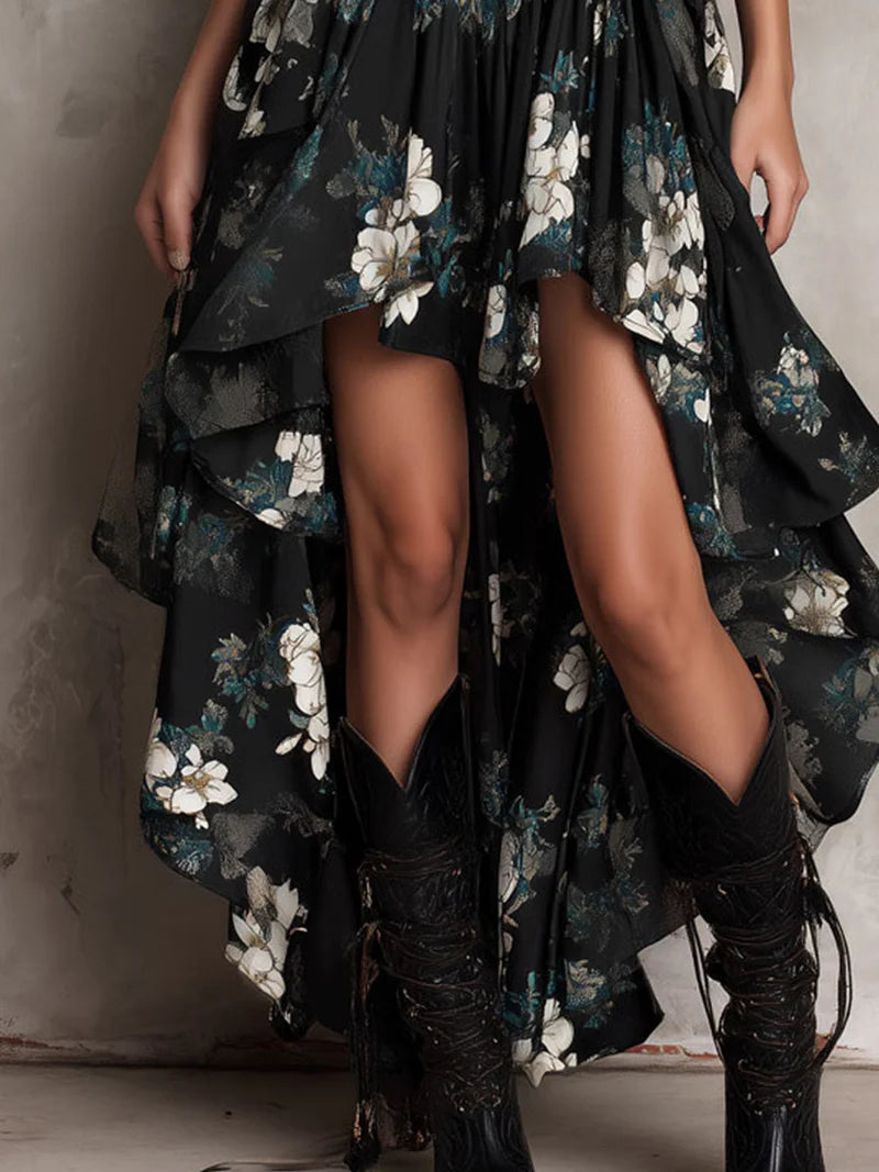 JASPE™ | Vestido Asimétrico Floral con Falda de Vuelo Irregular