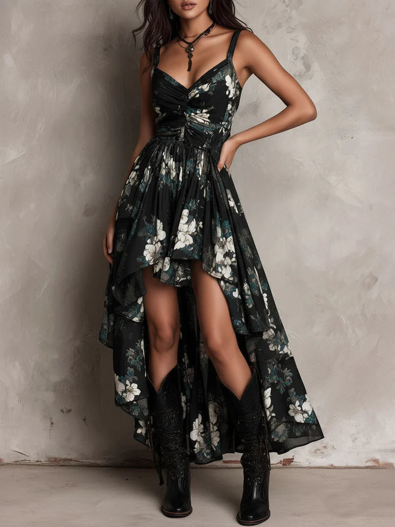 JASPE™ | Vestido Asimétrico Floral con Falda de Vuelo Irregular