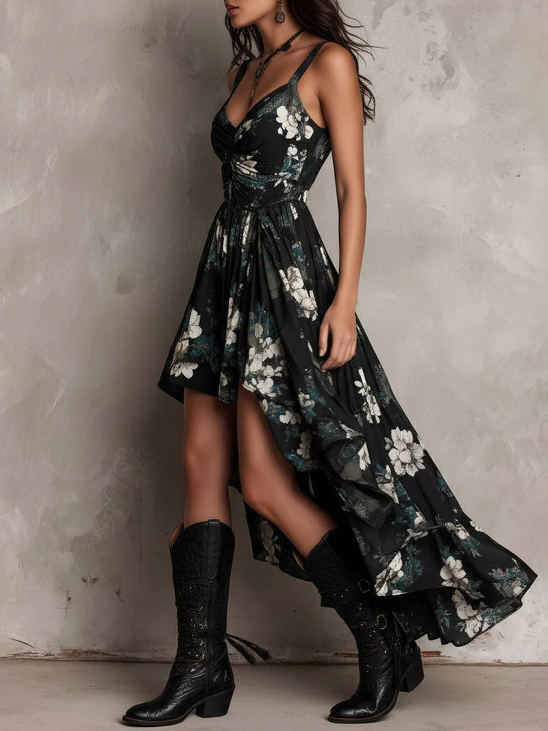 JASPE™ | Vestido Asimétrico Floral con Falda de Vuelo Irregular