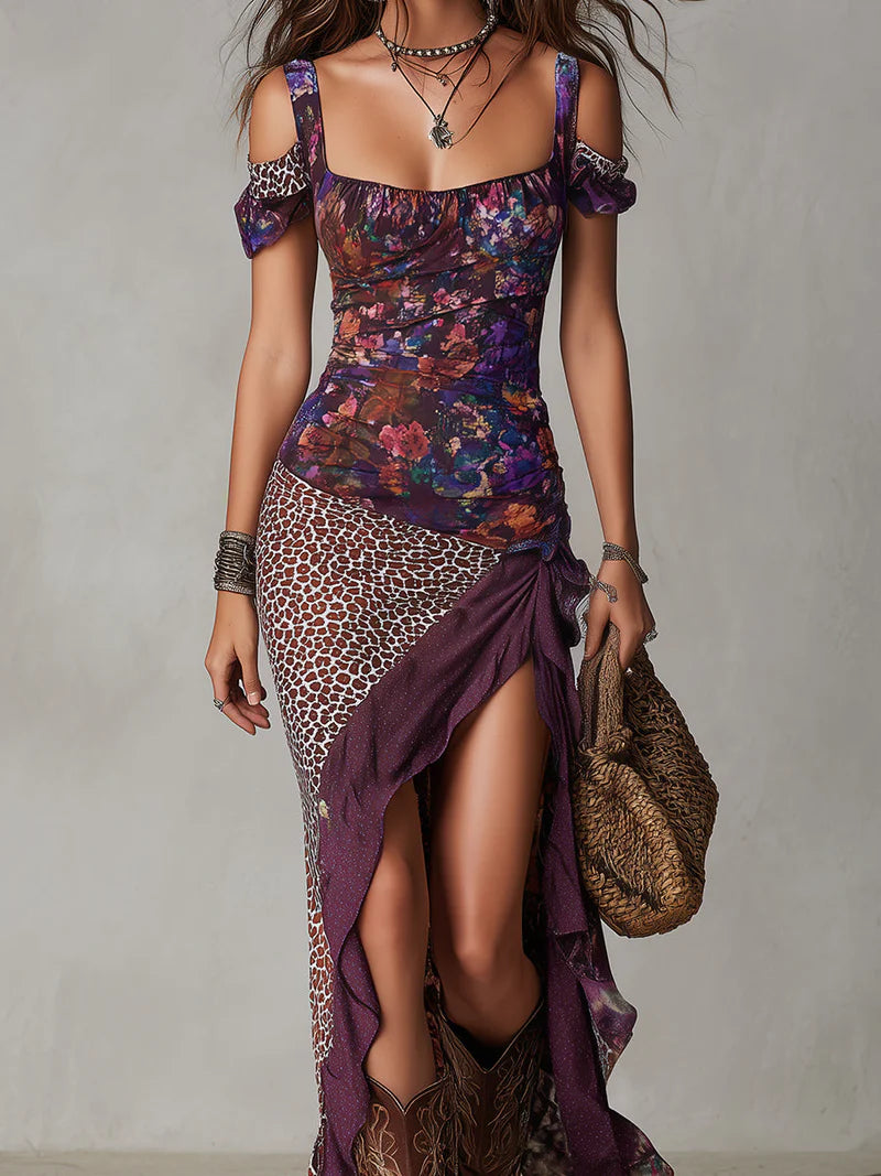 AMATISTA™ | Vestido Asimétrico de Hombros Descubiertos con Estampado Mixto
