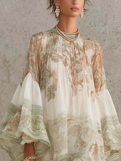 CITRINO™ | Vestido Mini de Gasa Estampada con Mangas Campana