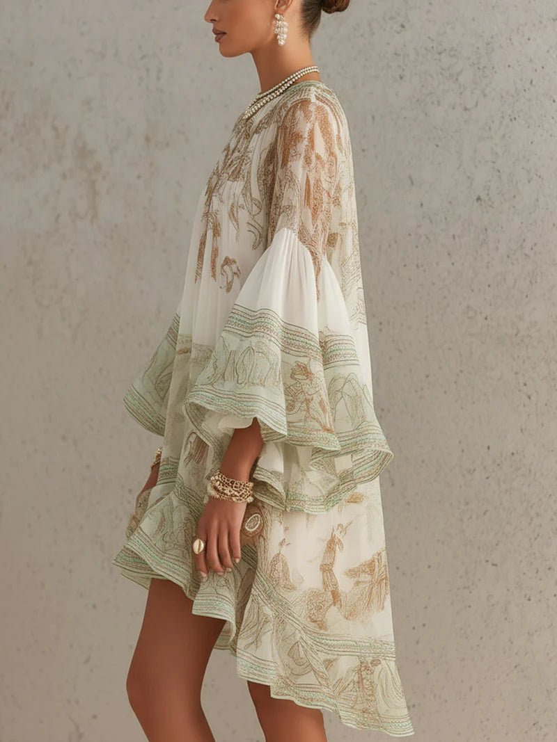 CITRINO™ | Vestido Mini de Gasa Estampada con Mangas Campana