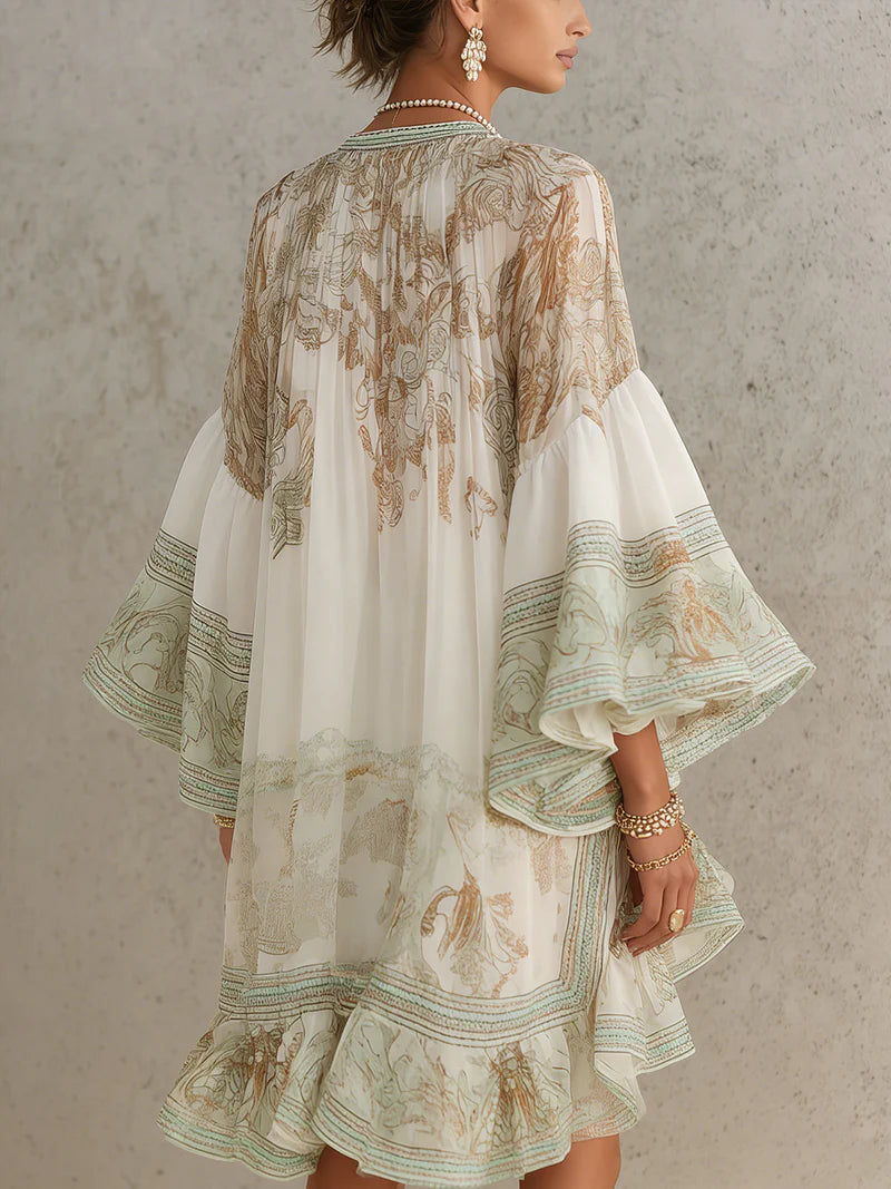 CITRINO™ | Vestido Mini de Gasa Estampada con Mangas Campana
