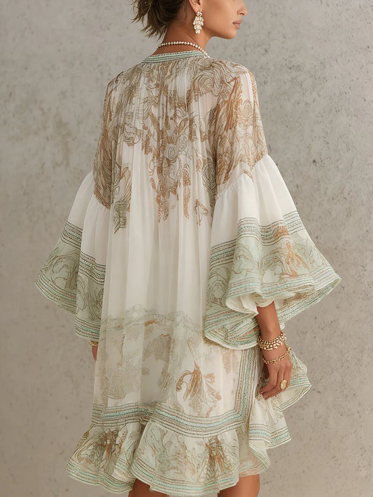 CITRINO™ | Vestido Mini de Gasa Estampada con Mangas Campana