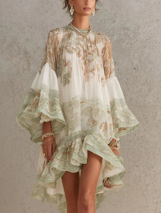 CITRINO™ | Vestido Mini de Gasa Estampada con Mangas Campana