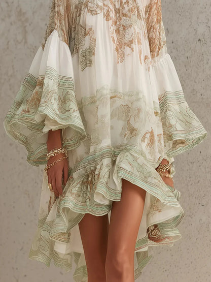 CITRINO™ | Vestido Mini de Gasa Estampada con Mangas Campana