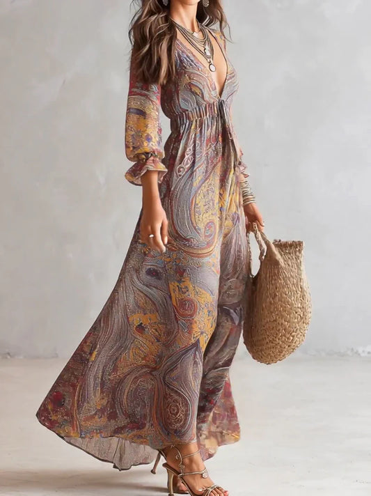 SEVILLA™ | Vestido Maxi Estampado Paisley con Escote Profundo