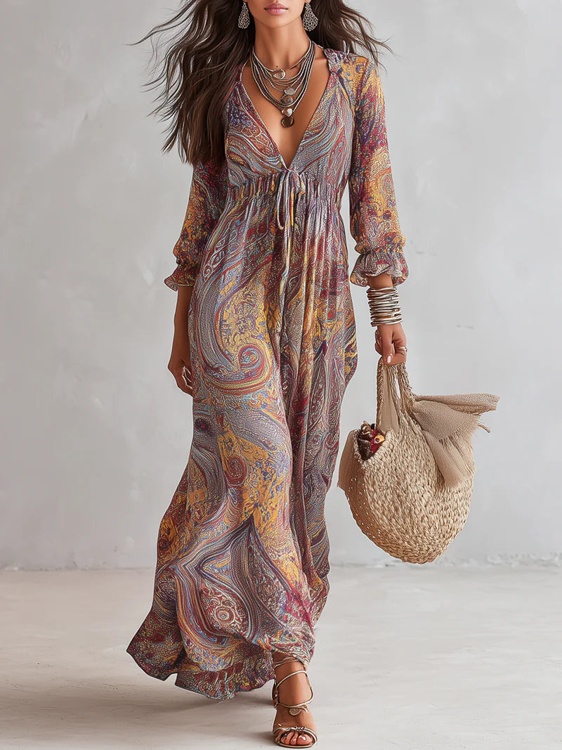 SEVILLA™ | Vestido Maxi Estampado Paisley con Escote Profundo