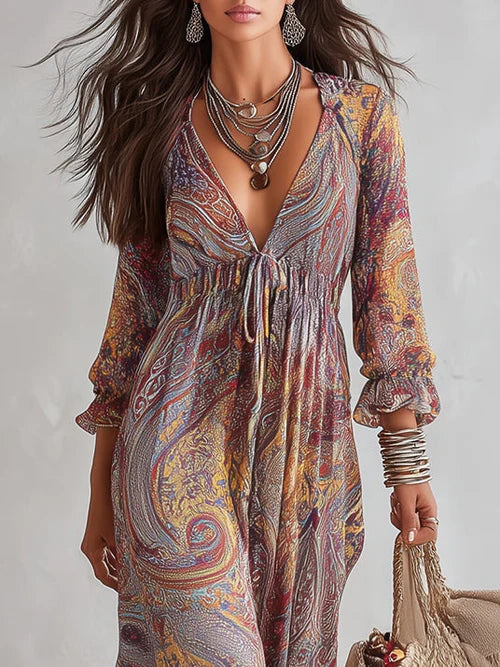 SEVILLA™ | Vestido Maxi Estampado Paisley con Escote Profundo