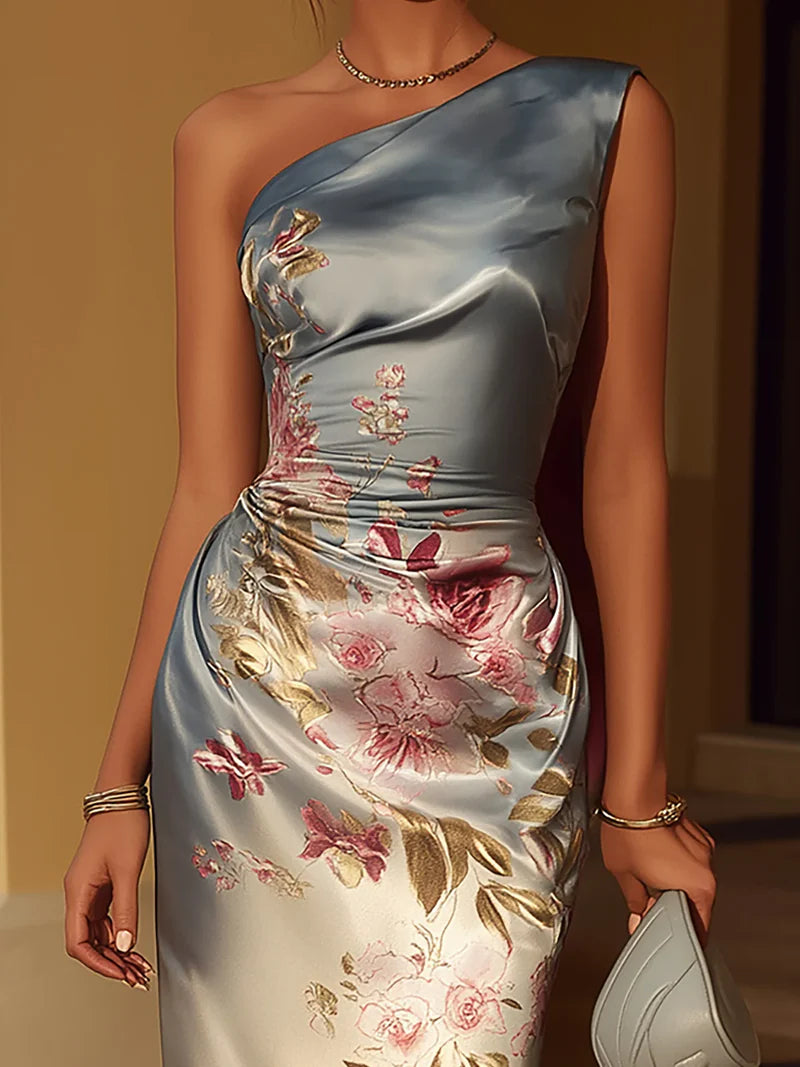 LARIMAR™ | Vestido Midi de Satén con Hombro Asimétrico