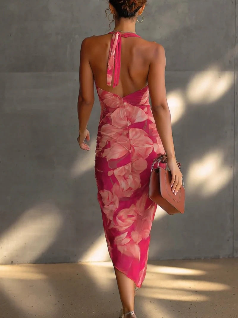 CORAL™ | Vestido Drapeado de Espalda Descubierta con Estampado Floral