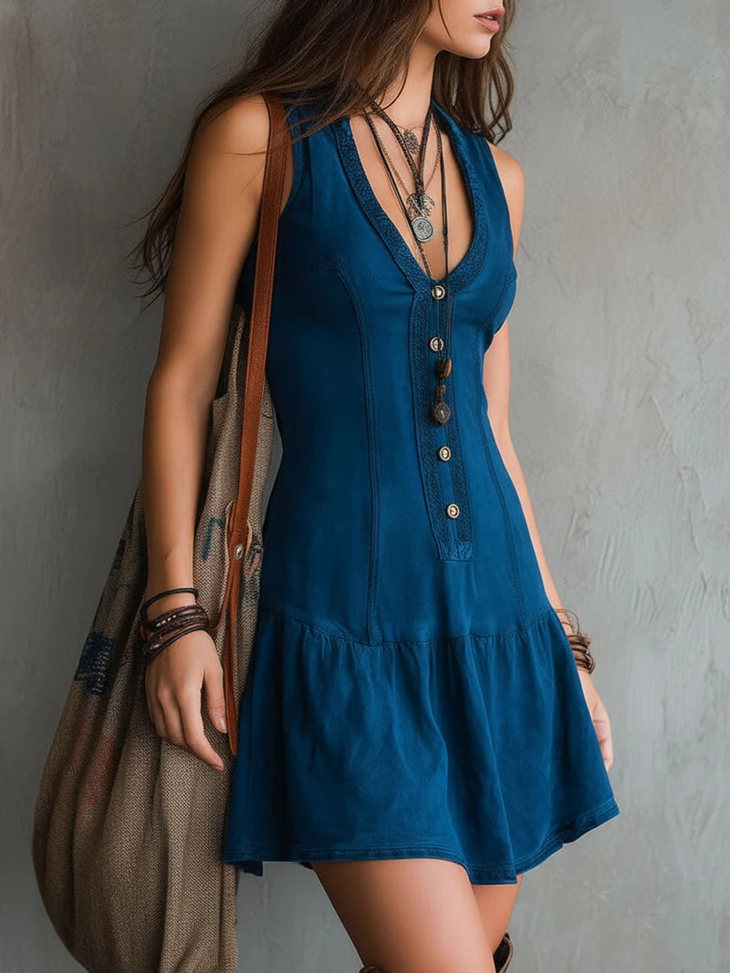 AZURITA™ | Vestido Mini con Escote en V y Botonadura