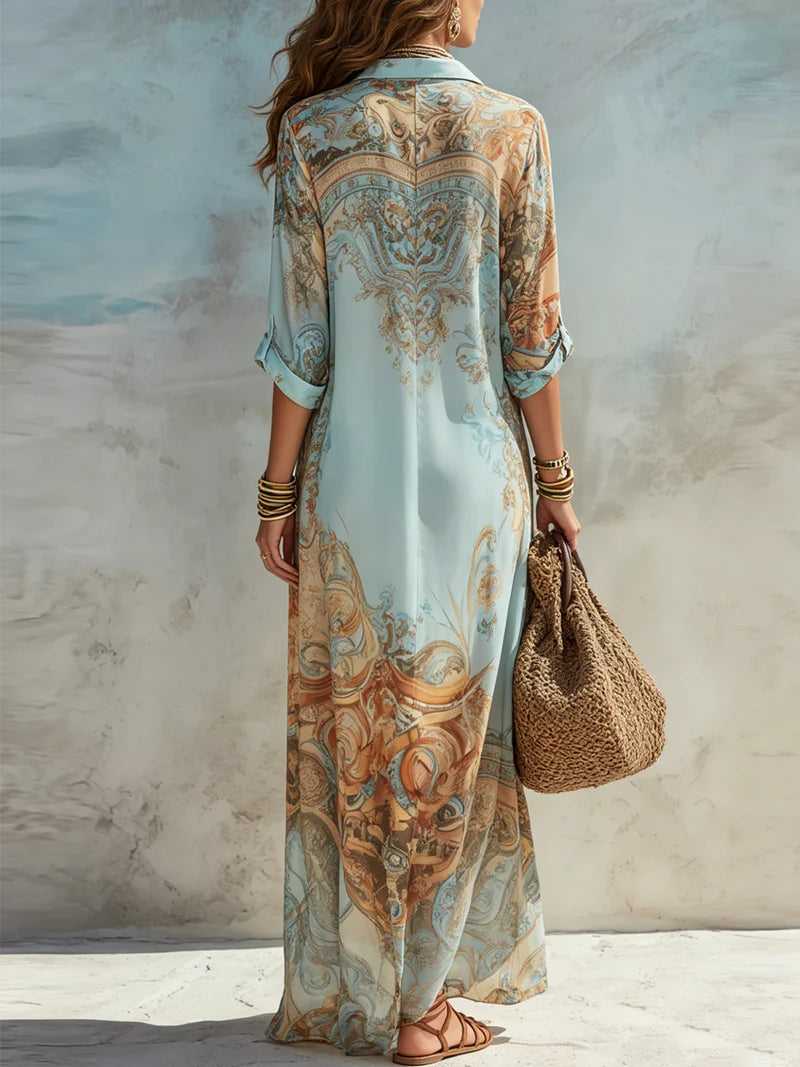 TURQUESA™ | Vestido Camisero Largo Estampado con Cuello Solapa