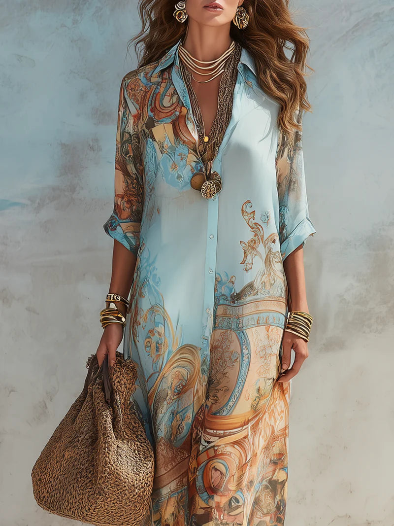 TURQUESA™ | Vestido Camisero Largo Estampado con Cuello Solapa