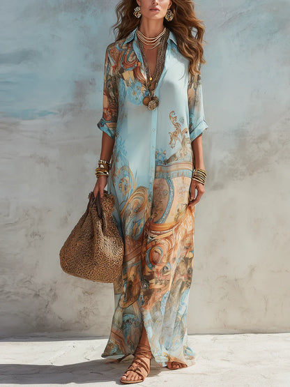 TURQUESA™ | Vestido Camisero Largo Estampado con Cuello Solapa