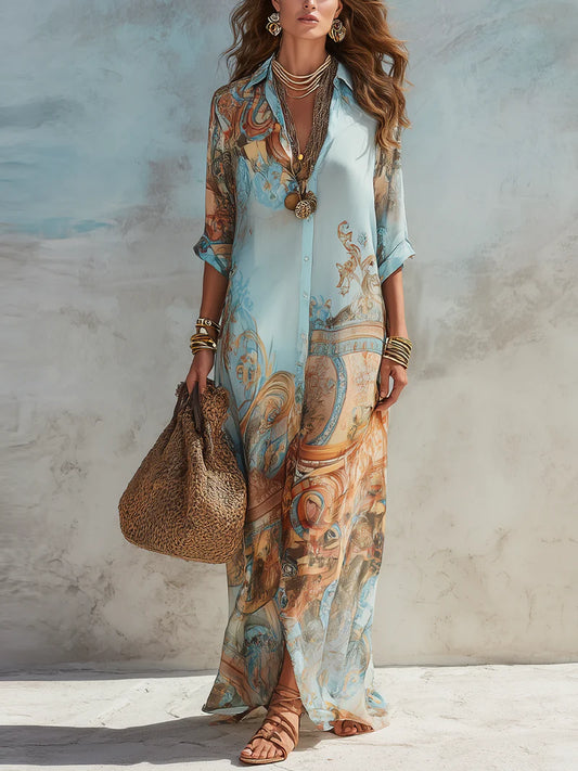 TURQUESA™ | Vestido Camisero Largo Estampado con Cuello Solapa