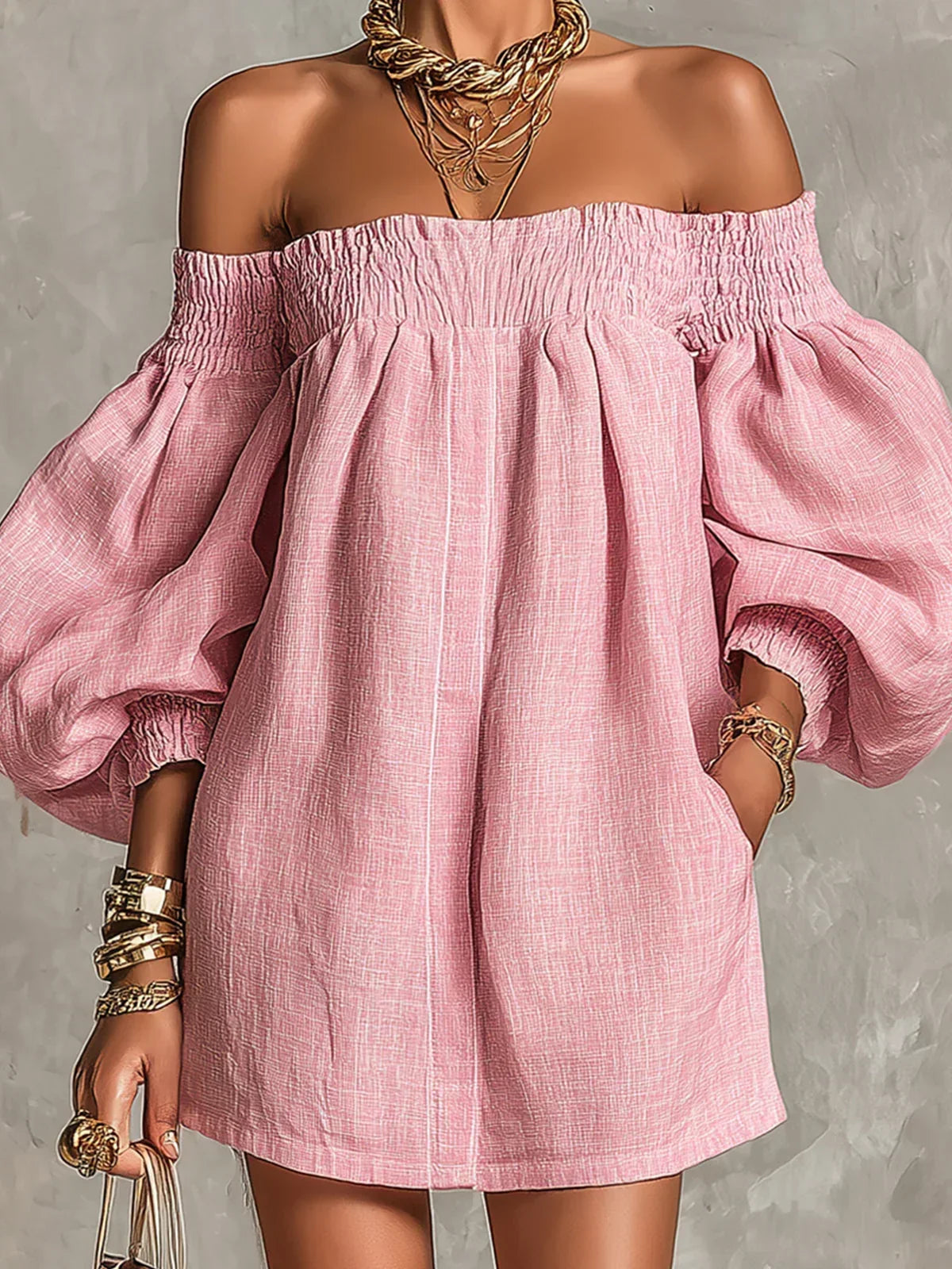 Robe courte Gisela rose, coupe trapèze, à manches bouffantes et épaules dénudées